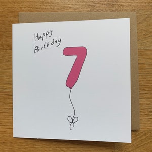 Carte du 7e anniversaire, 7 ballons, pour femme, pour elle, femme, femelle, mignonne, rose, fille