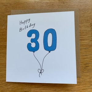 Geburtstagskarte 30 Jahre, 30 Luftballons, für Männer, für Ihn, männlich, niedlich, blau,