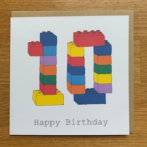Tarjeta de cumpleaños número 10, tarjeta número 10, niño, niña, niño, diez, feliz cumpleaños, impresión dibujada a mano, bloques, juguetes