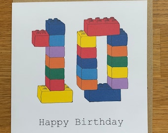 Tarjeta de décimo cumpleaños, tarjeta de 10 años, niño, niña, infantil, diez, feliz cumpleaños, impresión dibujada a mano, bloques, juguetes