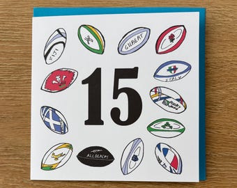 Tarjeta de cumpleaños número 15, tarjeta de rugby, 15, quince, decimoquinto, deportivo, niño, azul