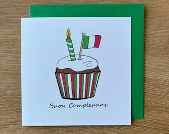 Tarjeta de cumpleaños italiana, tarjetas de feliz cumpleaños, cupcake y bandera dibujados a mano, tarjeta de Italia, para él o ella.