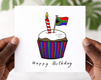 Carte d'anniversaire sud-africaine, cartes de joyeux anniversaire, cupcake et drapeau dessinés à la main, carte d'Afrique du Sud, pour lui ou elle