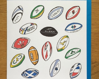 Rugby card,  rugby happy birthday card, rugby balls