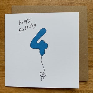 Geburtstagskarte 4.Geburtstag, 4 Luftballons, für Männer, für Ihn, männlich, süß, blau, Junge