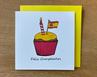 Carte d'anniversaire espagnole, cartes de joyeux anniversaire, cupcake et drapeau dessinés à la main, carte d'Espagne, pour lui ou elle