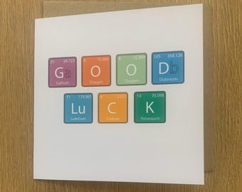 Tarjeta de buena suerte, tabla periódica, científico, doctor, enfermera, farmacéutico, química, él, ella, tarjeta de felicitación, tarjeta de buena suerte para el examen