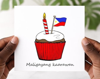 Carte d'anniversaire philippine, cartes de joyeux anniversaire, cupcake et drapeau dessinés à la main, carte des Philippines, pour lui ou elle