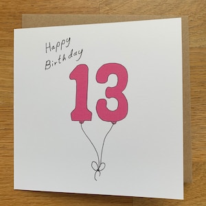 Cartão de aniversário de 13 anos, 13 balões, para mulheres, para ela, mulher, fofo, rosa,