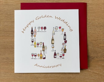 Tarjeta del 50 aniversario, 50 aniversario de bodas, bodas de oro. temática del vino,