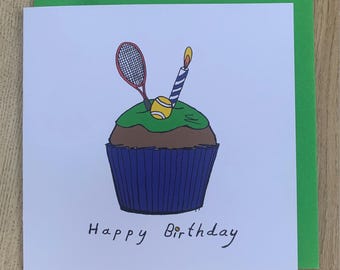 carte d'anniversaire de tennis/ carte de joyeux anniversaire/ cupcake/ carte de tennis / carte de sport