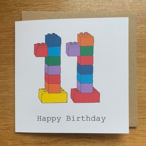 11歳の誕生日カード、11歳のカード、男の子、女の子、子供、11歳、誕生日おめでとう、手描きのプリント、ブロック、おもちゃ