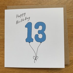 Karte zum 13.Geburtstag, 13 Luftballons, für Männer, für Ihn, männlich, süß, blau, Junge
