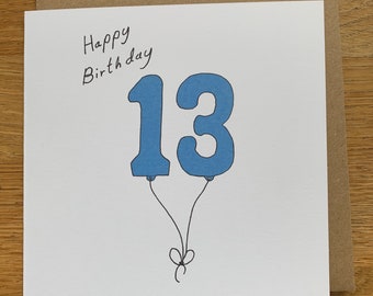13th birthday card, 13 balloons, for men, for him, male, cute, blue, boy