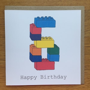 Cartão de aniversário de 6 anos, 6 cartões, menino, menina, criança, seis, feliz aniversário, impressão desenhada à mão, blocos, brinquedos