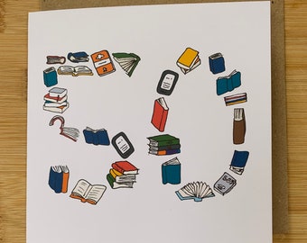 50th birthday card, 50 card, men, male, fifth card, books, book worm