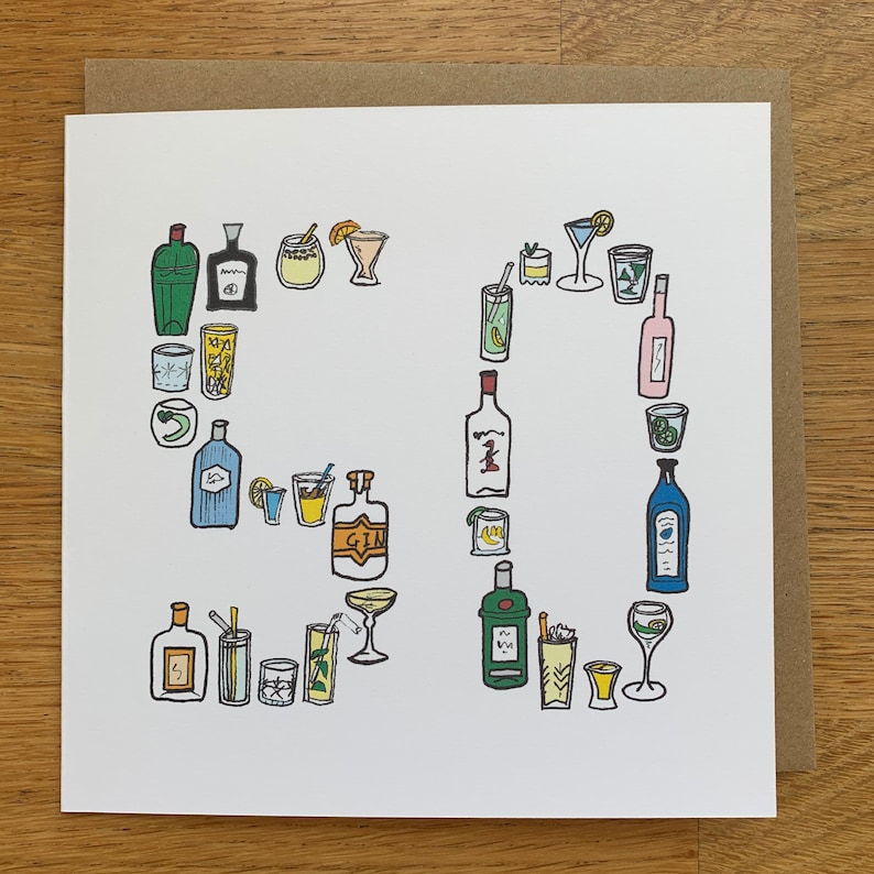 May include: A white card with a colorful illustration of various cocktails and bottles of alcohol arranged in the shape of the number 30. The illustration is in a cartoon style with a white background.