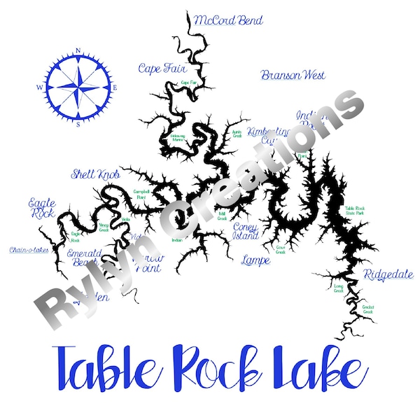 Table Rock Lake Map with Coves  Digital Files Only!