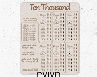 Ten Thousand Game Board- 6 players - Digital File