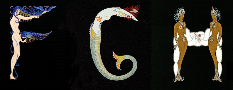 Peut inclure: Trois illustrations stylis&eacute;es des lettres F, G et H. La lettre F est une femme avec des ailes bleues et dor&eacute;es. La lettre G est une sir&egrave;ne avec une queue verte et du corail rouge. La lettre H est deux femmes avec des ailes blanches et des corps dor&eacute;s.