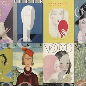May include: A collage of nine vintage Vogue magazine covers featuring illustrations of women in various styles and poses. The covers are in a variety of colors, including pink, blue, yellow, and green. The text "Vogue" is prominently displayed on each cover.