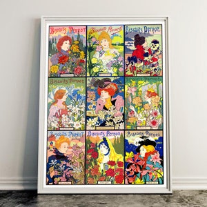 Puede incluir: Un anuncio vintage de Biscuits Perrot con nueve ilustraciones coloridas de mujeres y flores. Cada ilustración está etiquetada con el nombre de una flor, como "Rosa", "Violeta" y "Orquídea".