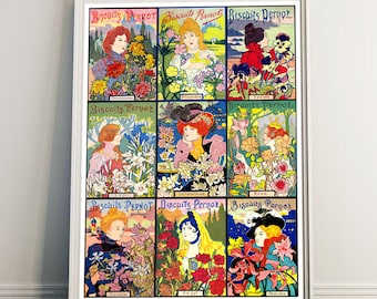 Art Nouveau Flower Girls Poster: Biscuit Pernot Vintage Advertising