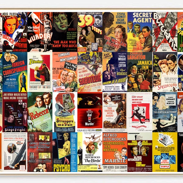 Colección de carteles de películas de Alfred Hitchcock / Cartel de filmografía de Alfred Hitchcock, años 1920-1970 / Póster horizontal Impresión artística