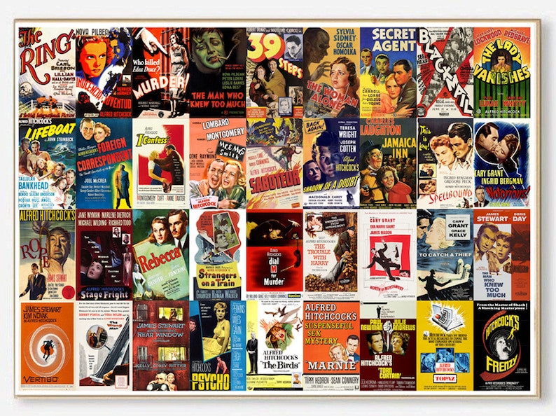 May include: A collage of vintage movie posters featuring Alfred Hitchcock films. The posters are in various colors and feature iconic images from the films, such as a woman in a shower, a man with a rope, and a bird's eye view of a city.