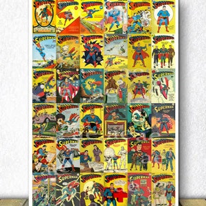 May include: A vintage collage of Superman comic book covers featuring various illustrations of Superman in different poses and settings. The covers are in a variety of colors, including red, blue, yellow, and green. The text "Superman" appears on each cover.