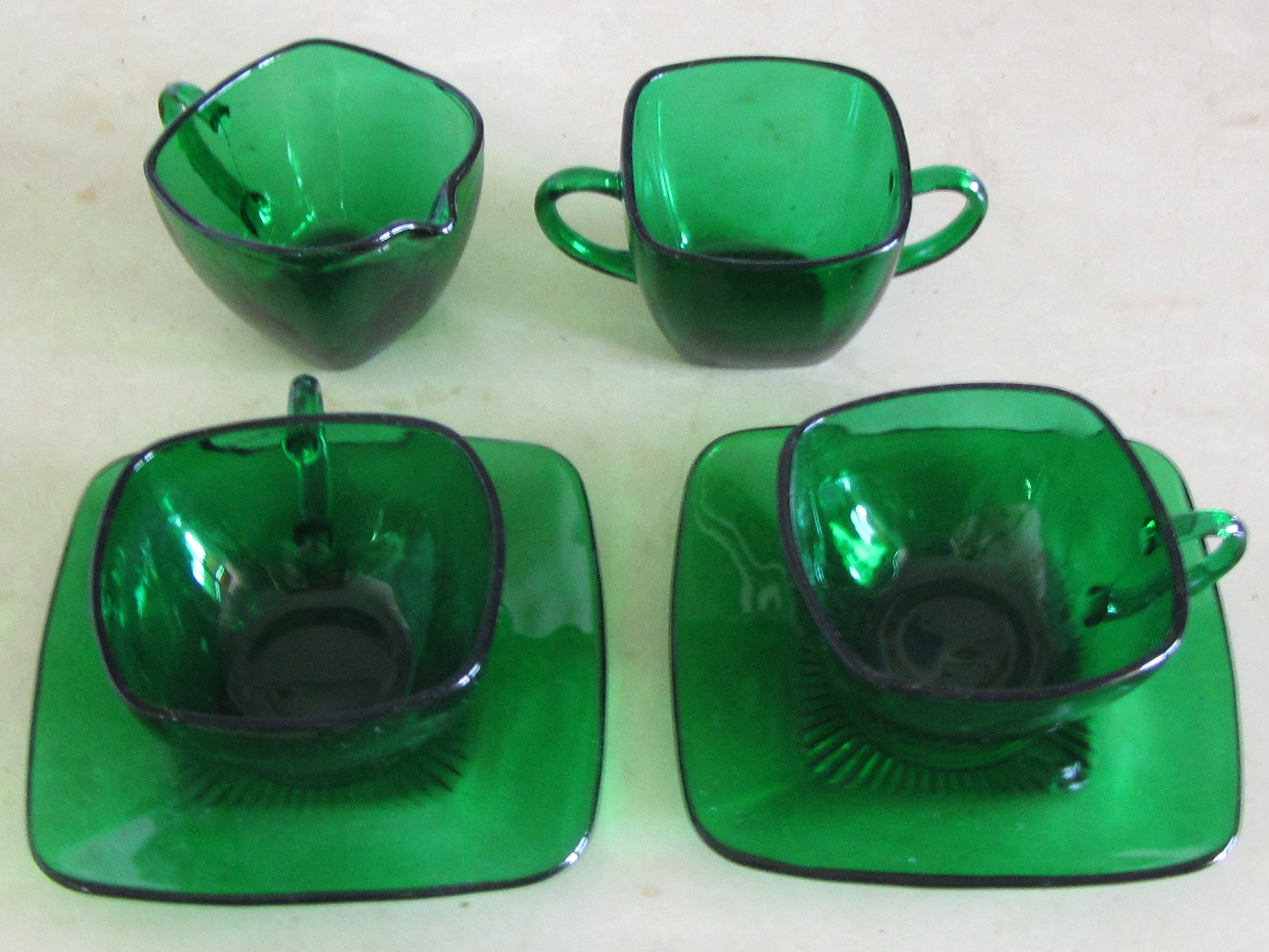 Set of 4 green glass cups and saucers with Sugar & Creamer Etsy