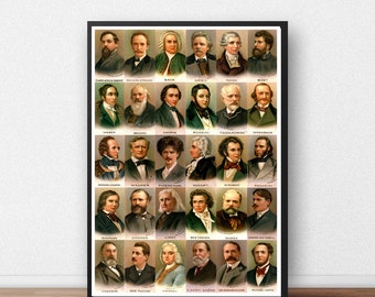 Classical Composers Poster / Classical Music Fan, Beethoven, Mozart, Chopin, Grieg, Bach, Tchaikovsky / Gift for Musician