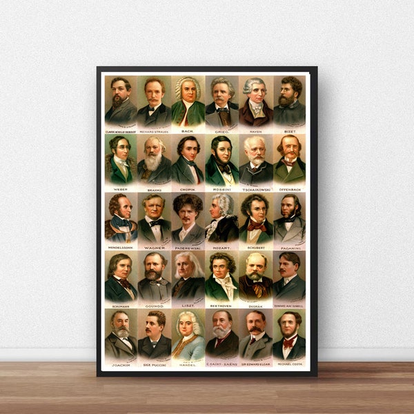 Classical Composers Poster / Classical Music Fan, Beethoven, Mozart, Chopin, Grieg, Bach, Tchaikovsky / Gift for Musician