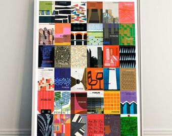 May include: A colorful collage of 36 squares, each featuring a different geometric design or abstract pattern. The word "FORUM" appears in each square, often in a bold, sans-serif font. The squares are arranged in a grid pattern, creating a visually stimulating and dynamic composition.