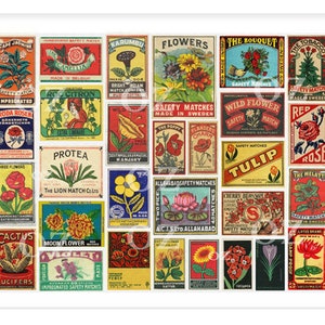 Vintage Matchbox Blumen Etiketten Poster / Vintage Werbung Blumen / Japan - Schweden - indische Matchbox Etiketten 1900er-1930er Jahre / Retro Poster