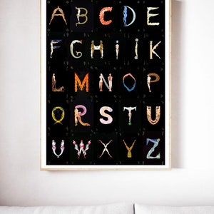 Peut inclure: Une affiche noire et blanche avec un alphabet color&eacute;. Chaque lettre est form&eacute;e par une personne dans une pose diff&eacute;rente.