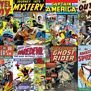 Może przedstawiać: Kolaż wintażowych okładek komiksów z różnymi superbohaterami Marvela, w tym Kapitanem Ameryką, Hulkiem, Avengersami, Daredevil'em, Ghost Riderem, Spider-Manem i Fantastyczną Czwórką. Okładki są kolorowe i przedstawiają pełne akcji sceny.