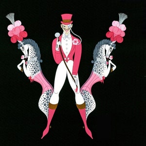 Peut inclure: Trois illustrations de figures stylis&eacute;es sur fond noir. La premi&egrave;re figure est une forme en V form&eacute;e par deux femmes avec des d&eacute;tails floraux roses et violets. La deuxi&egrave;me figure est une forme en W form&eacute;e par deux chevaux roses et blancs avec un homme en veste rouge et pantalon blanc debout au milieu. La troisi&egrave;me figure est une forme en X form&eacute;e par une personne avec des d&eacute;tails rouges et blancs.