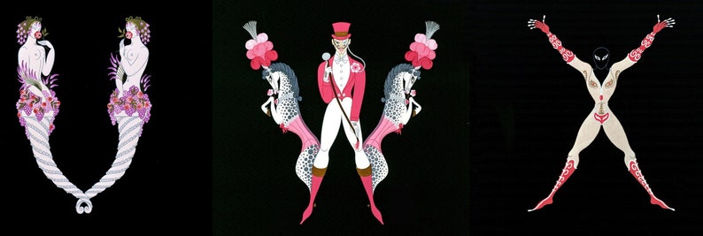 Peut inclure: Trois illustrations de figures stylis&eacute;es sur fond noir. La premi&egrave;re figure est une forme en V form&eacute;e par deux femmes avec des d&eacute;tails floraux roses et violets. La deuxi&egrave;me figure est une forme en W form&eacute;e par deux chevaux roses et blancs avec un homme en veste rouge et pantalon blanc debout au milieu. La troisi&egrave;me figure est une forme en X form&eacute;e par une personne avec des d&eacute;tails rouges et blancs.