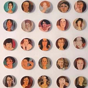 May include: A collection of 36 round, colorful paintings featuring portraits of women. Each painting is framed in a circular, wooden frame.