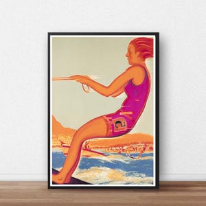 Water Skiing Art Poster, Sports Nautiques, Surfing Art, Water Skier Poster, Summer Beach House Decor, Retro Water Ski Art from 1920s