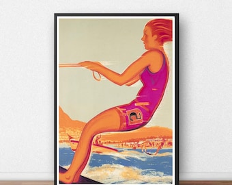 Retro Water Skiing Art Poster: 1920s Beach House Decor