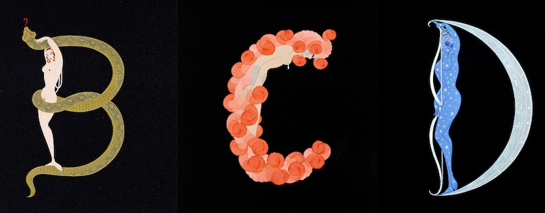 Peut inclure: Trois illustrations de femmes formant les lettres B, C et D. La femme formant la lettre B est enroul&eacute;e autour d'un serpent vert. La femme formant la lettre C est entour&eacute;e de roses rouges. La femme formant la lettre D est entour&eacute;e d'&eacute;toiles bleues et d'un croissant de lune.