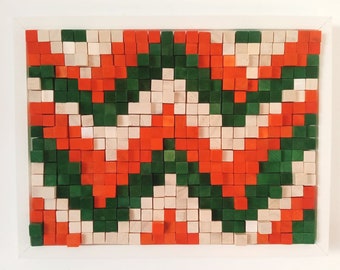 Wooden Mosaic 3D / Abstract Wood Art Sculpture / Orange and Green Wood Wall Art Decor / Geometric Wood Art