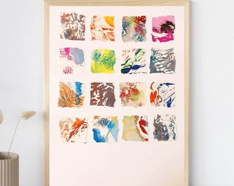 Arte mural abstracto en collage en miniatura colorido, acrílico sobre papel, pintura moderna original diminuta, collage, pintura moderna colorida, tamaño A4