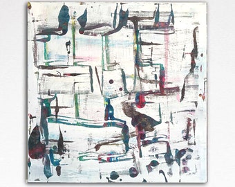 May include: Abstract painting with a white background and a variety of colors, including black, blue, green, red, and brown. The painting features a series of lines and shapes that create a sense of movement and energy.