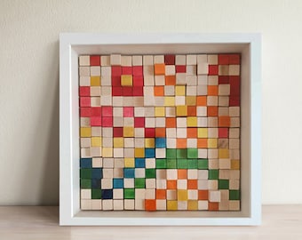 Wooden Mosaic / Abstract Wood Art Sculpture / Colorful Wood Wall Art Decor / Geometric Wood Art 3D