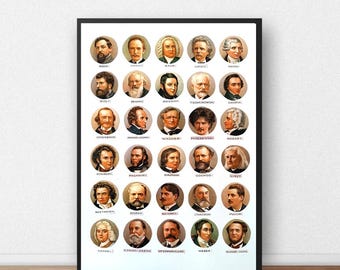 Klassische Komponisten Porträts Poster / Kreis Collage / Fächer für klassische Musik,Beethoven, Mozart, Chopin, Bach, Tschaikowsky / Geschenk für Musiker