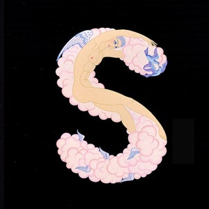 Peut inclure: Trois illustrations des lettres R, S et T, chacune form&eacute;e par une figure nue pos&eacute;e dans la forme de la lettre. Le R est rose et jaune, le S est rose et bleu, et le T est blanc avec des fleurs roses.
