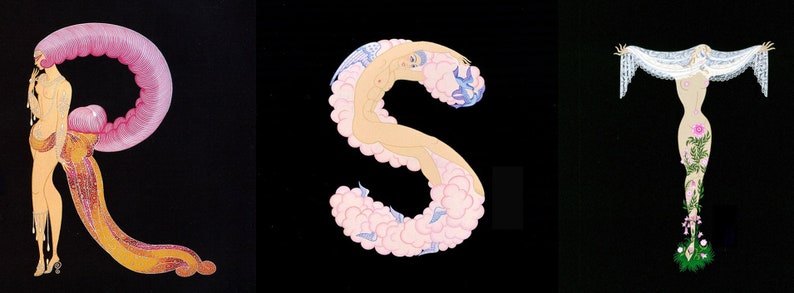 Peut inclure: Trois illustrations des lettres R, S et T, chacune form&eacute;e par une figure nue pos&eacute;e dans la forme de la lettre. Le R est rose et jaune, le S est rose et bleu, et le T est blanc avec des fleurs roses.